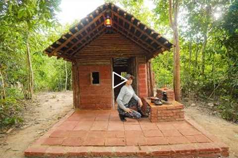 Building Complete Bushcraft Survival Brick Shelter, Wooden roof, Clay Fireplace, START To FINISH