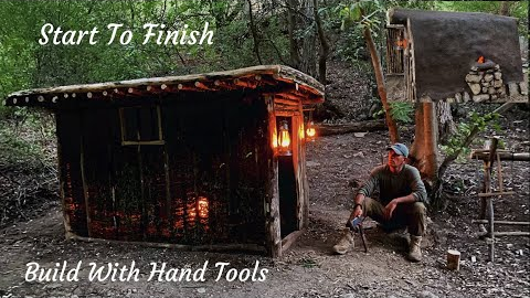Bushcraft Skills. Building Survival Tiny House. Clay. Stone. Fireplace. Making Bench.