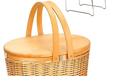 Wicker Picnic Basket Cooler with Wooden Lid & Swing Handles for Beach, Camping, Park, Outdoor..