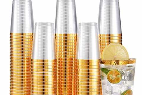 JOLLY CHEF 100 Pack 12 oz Gold Plastic Cups, Clear Plastic Cups Tumblers, Elegant Gold Rimmed..